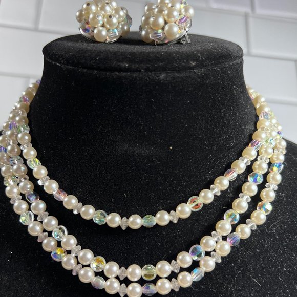 Vintage Faux Pearl and AB Crystals Choker and Matching Clip ons - Picture 1 of 8